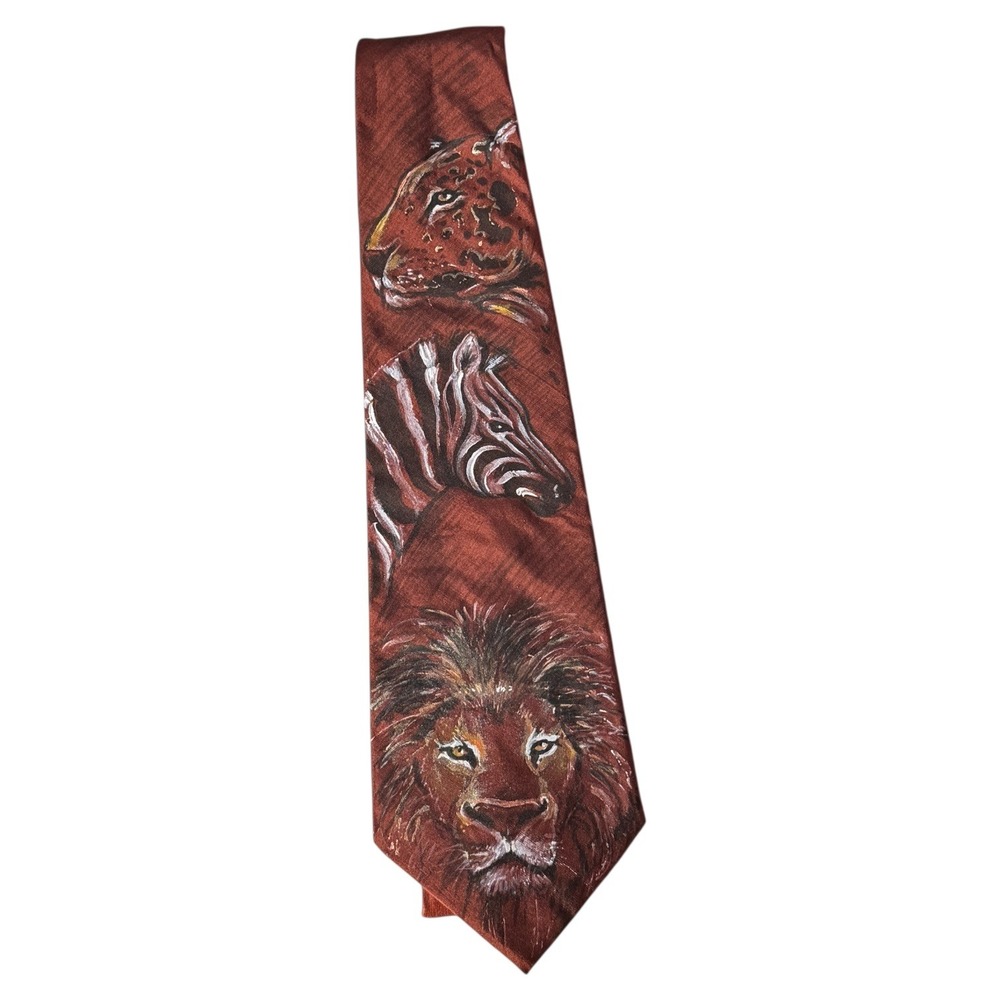 Thai Silk‎ Necktie Hand painted Lion Tiger Zebra Animal Print Handmade Vintage